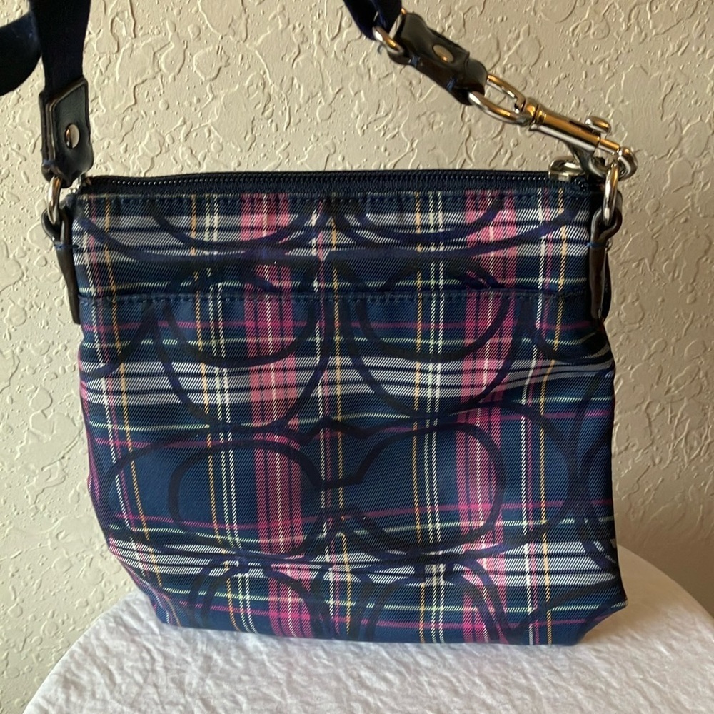 Coach: Navy & Pink Tartan Plaid Crossbody Bag- Silver Tone - Picture 9 of 16